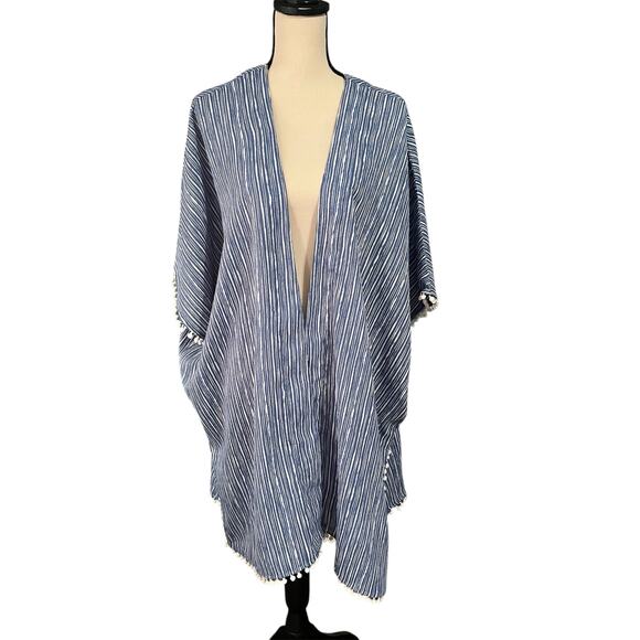 Mudpie Women's Blue White Striped Boho Flowy Sheer Open Cardigan Cover Up Sz OS - Picture 1 of 4